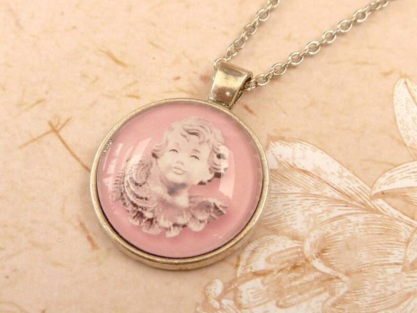 Edle Halskette mit Engel Motiv rosa  silberfarben Cabochon Schmuck