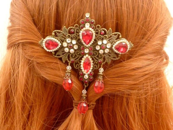Festliche große Haarspange mit roten Glasschmucksteinen Perlen bronzefarben