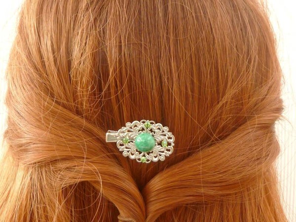 Kleiner Haarclip mit Glasschmuckstein grün silberfarben