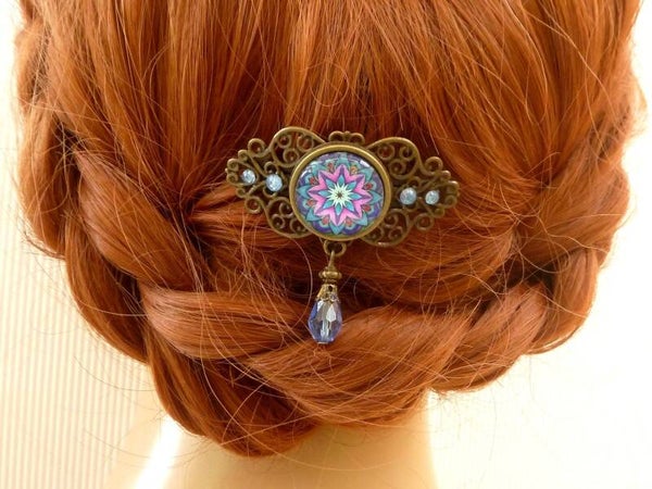 Kleine Haarspange mit Mandala Motiv türkis bronzefarben
