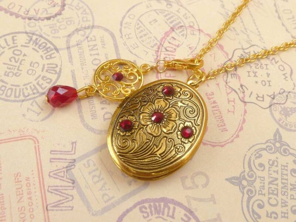 Edle Medaillon Halskette 2 Schmuckstücke in Einem rot goldfarben