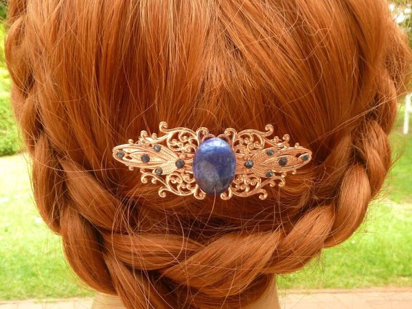 Edelstein Haarspange mit Lapis Lazuli Cabochon dunkelblau rotgold