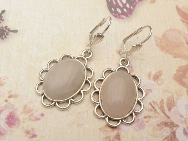 Edelstein Ohrringe mit Rosenquarz Cabochons rosa versilberte Ohrhaken