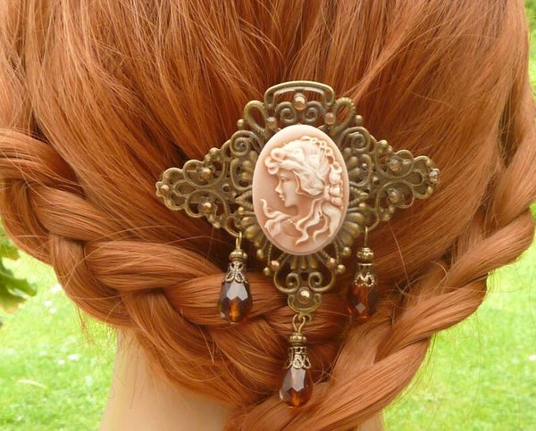 Große Haarspange mit Kamee vintage Stil braun bronzefarben