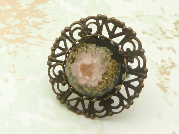XXL Statement Ring mit echten Blüten filigranes Design bronzefarben