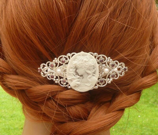 Kamee Haarspange mit Mädchen und Elfe lila weiß silberfarben antik Stil