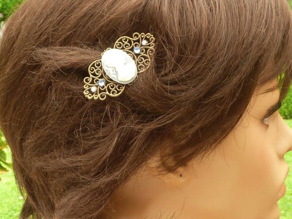 Kleiner Haarclip mit Kamee blau bronzefarben Zopf Haarschmuck