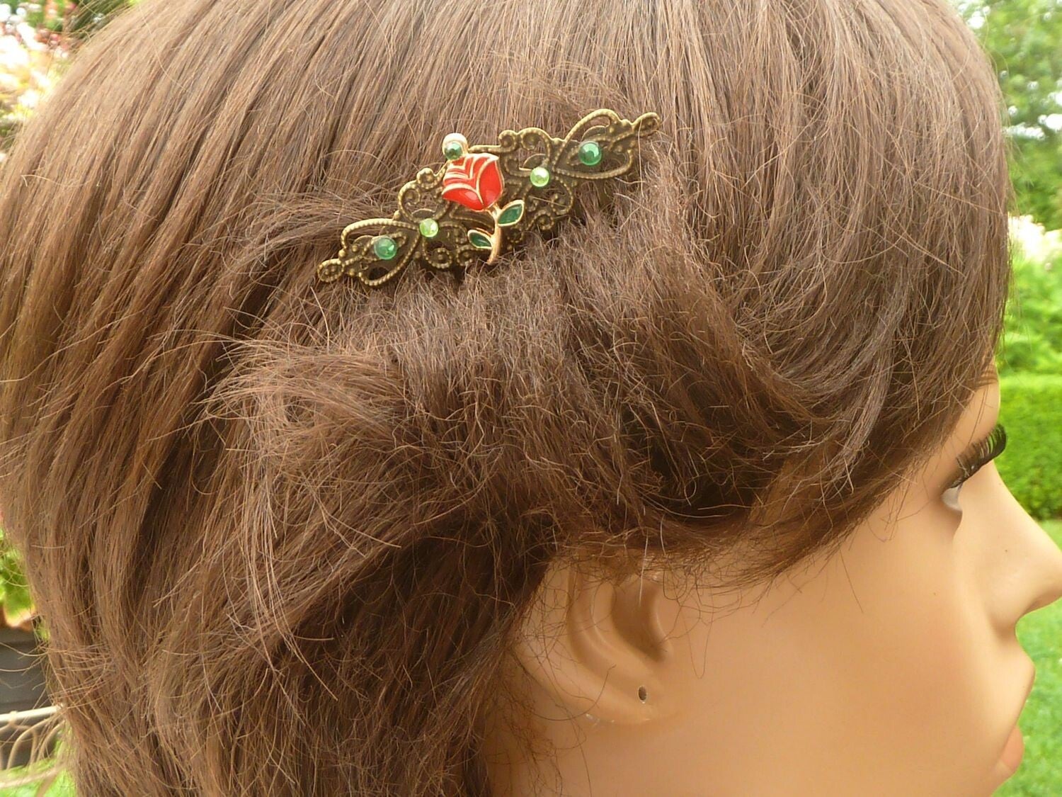 Romantischer Haarkamm mit roter Emaille Rose bronzefarben