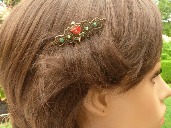 Romantischer Haarkamm mit roter Emaille Rose bronzefarben