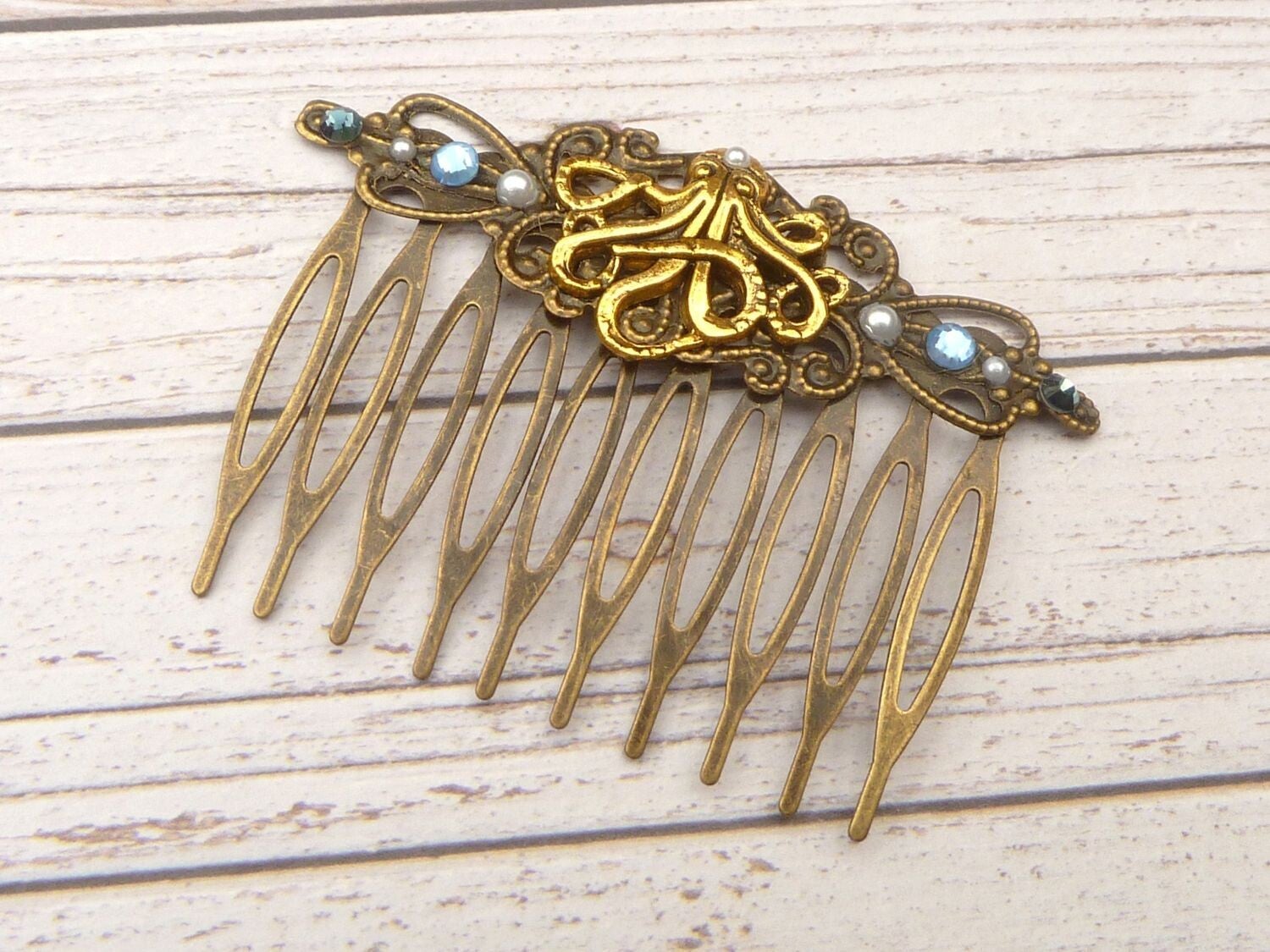 Haarkamm im Steampunk Stil mit Krake Emblem gold bronzefarben