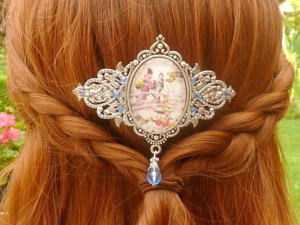 Große Haarspange mit Geisha Motiv silberfarben Braut Hochzeit Haarschmuck