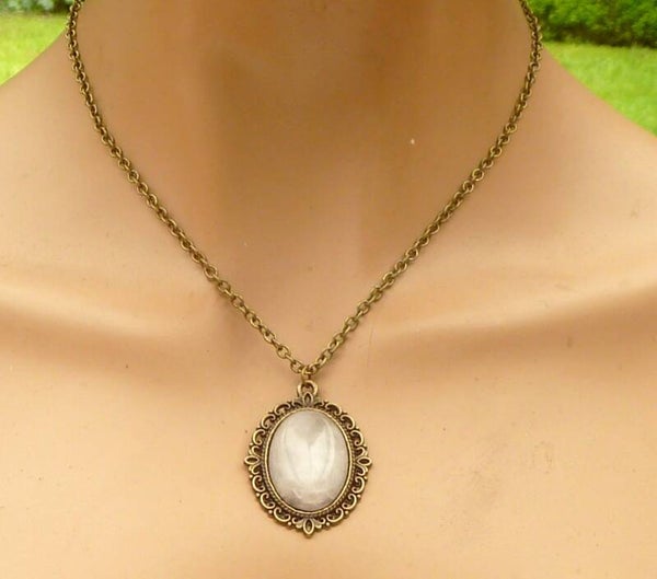 Edelstein Halskette mit Rosenquarz Cabochon rosa bronzefarben