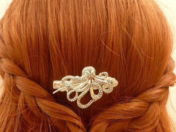 Haarclip mit Krake silberfarben Steampunk Stil Haarschmuck