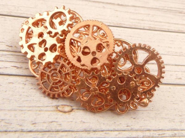 Kleine Haarspange im Steampunk Stil rotgold mit Zahnrädern