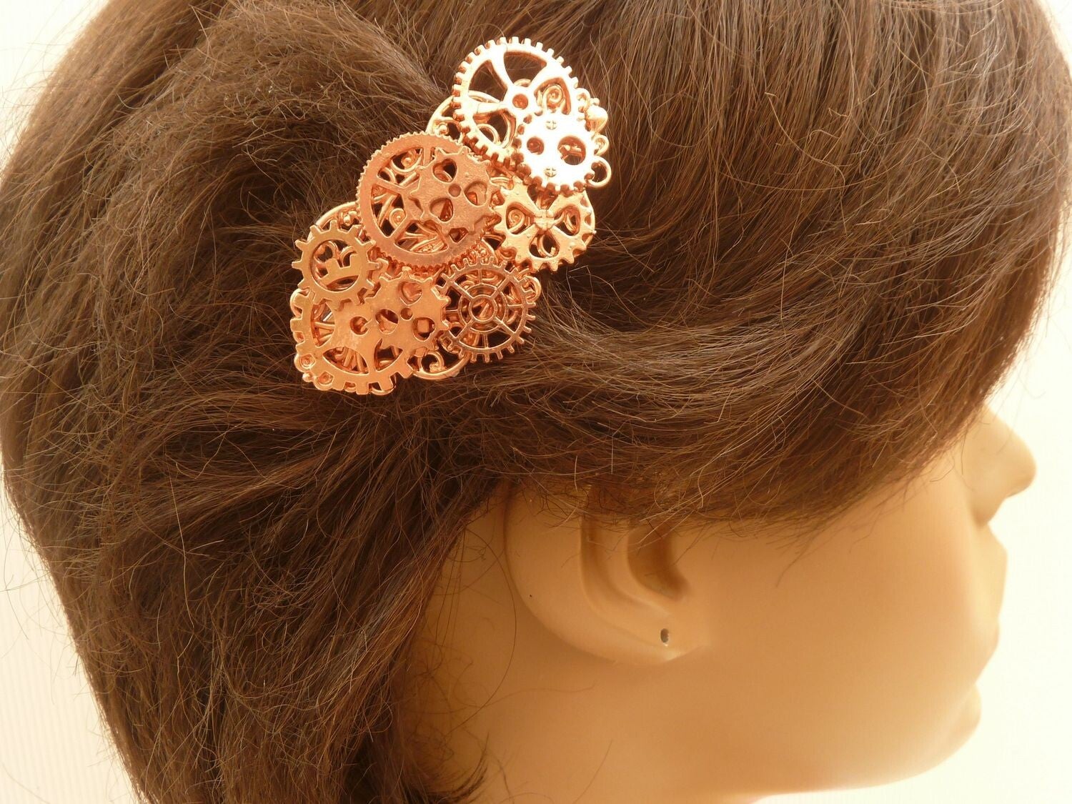 Kleine Haarspange im Steampunk Stil rotgold mit Zahnrädern Zopf Haarschmuck