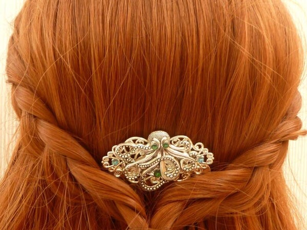Haarkamm im Steampunk Stil mit Krake Ornament silberfarben