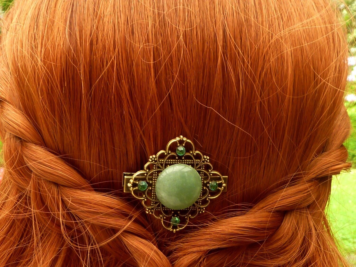 Edelstein Haarclip mit Aventurin Cabochon grün bronzefarben