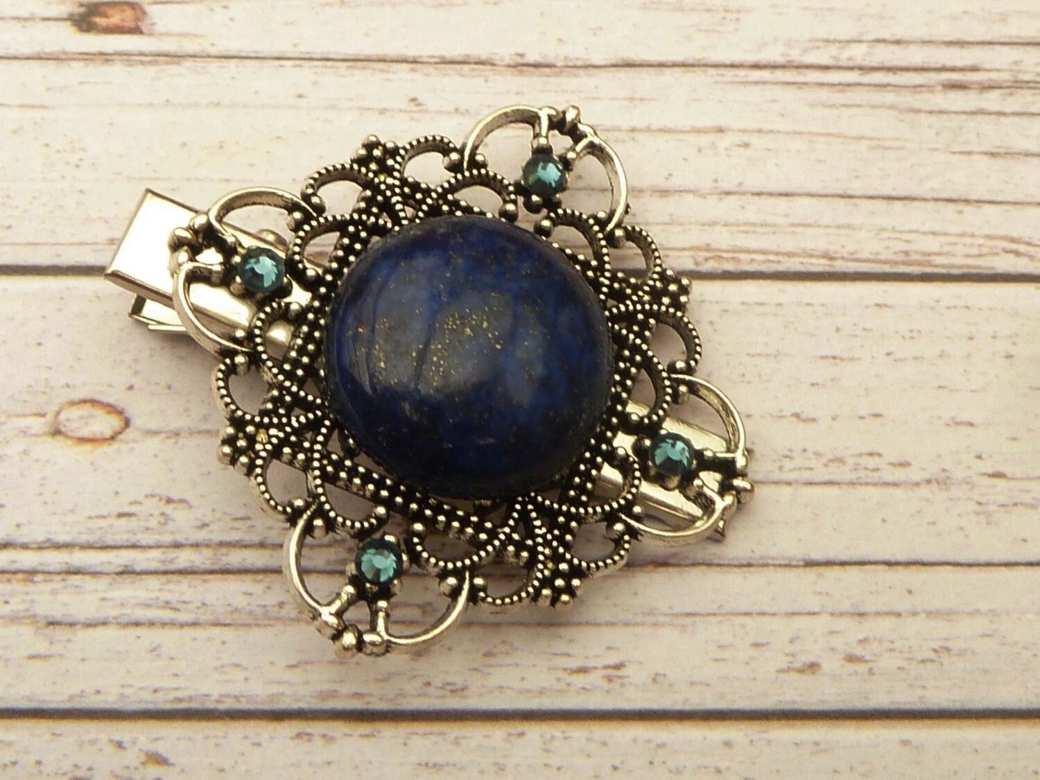 Edelstein Haarclip mit Lapis lazuli Cabochon dunkelblau silberfarben