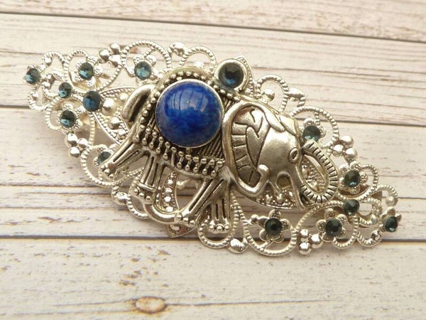 Haarspange im Orient Stil mit Elefant Ornament dunkelblau silberfarben