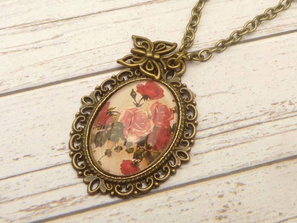 Sommer Halskette mit Rosen im Nostalgie Stil bronzefarben
