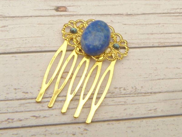 Zierlicher Edelstein Haarkamm mit Lapis Lazuli Cabochon goldfarben