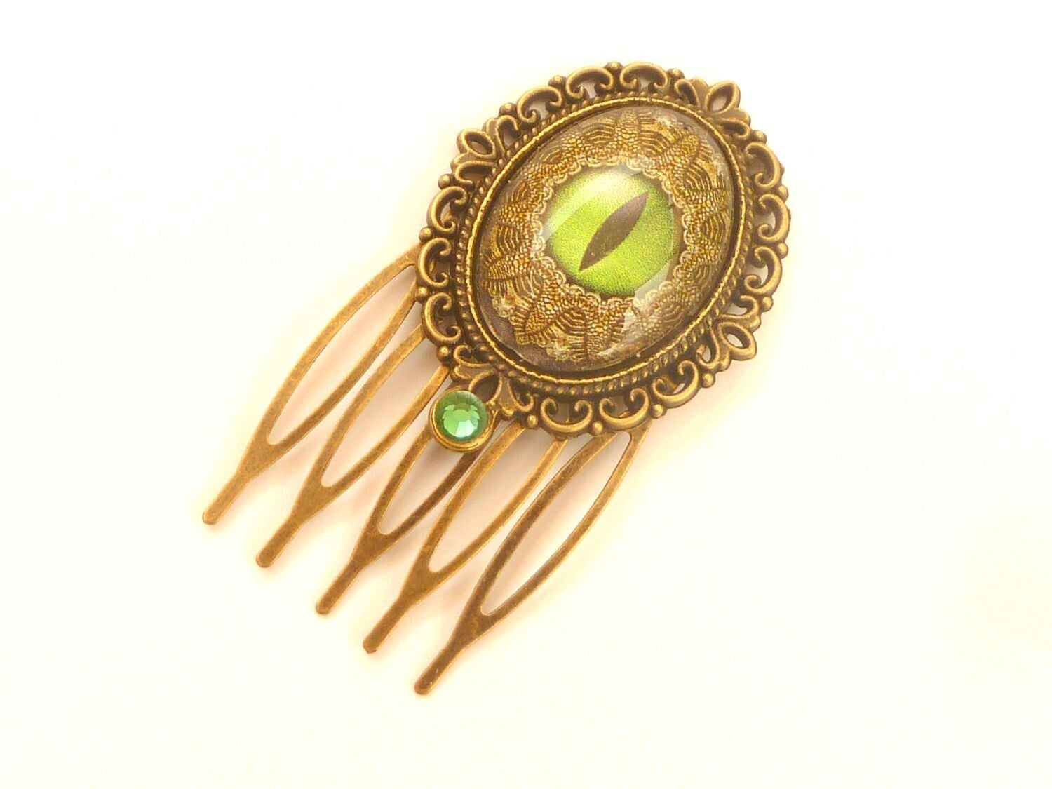 Kleiner Haarkamm in grün bronze mit Drachenauge, Fantasy Haarkamm