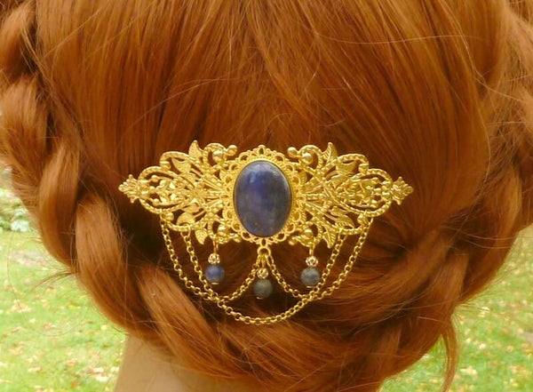 Große Edelstein Haarspange mit Lapis Lazuli Cabochon und Perlen goldfarben
