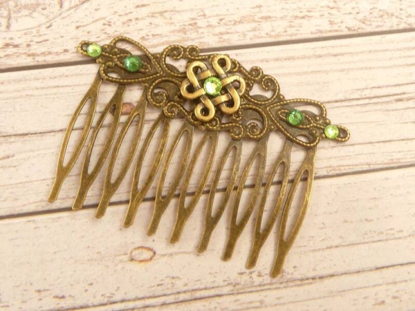 Haarkamm im Irland Stil mit keltischen Knoten bronzefarben grüne Kristalle irische Braut