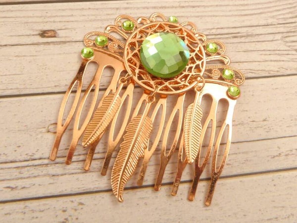 Edler Haarkamm mit Traumfänger Ornament und facettiertem Glasjuwel  grün rotgoldfarben
