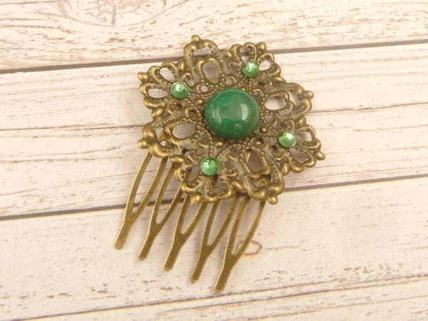 Kleiner Edelstein Haarkamm mit grüner Jade und Stern Ornament Seiten Steckkamm