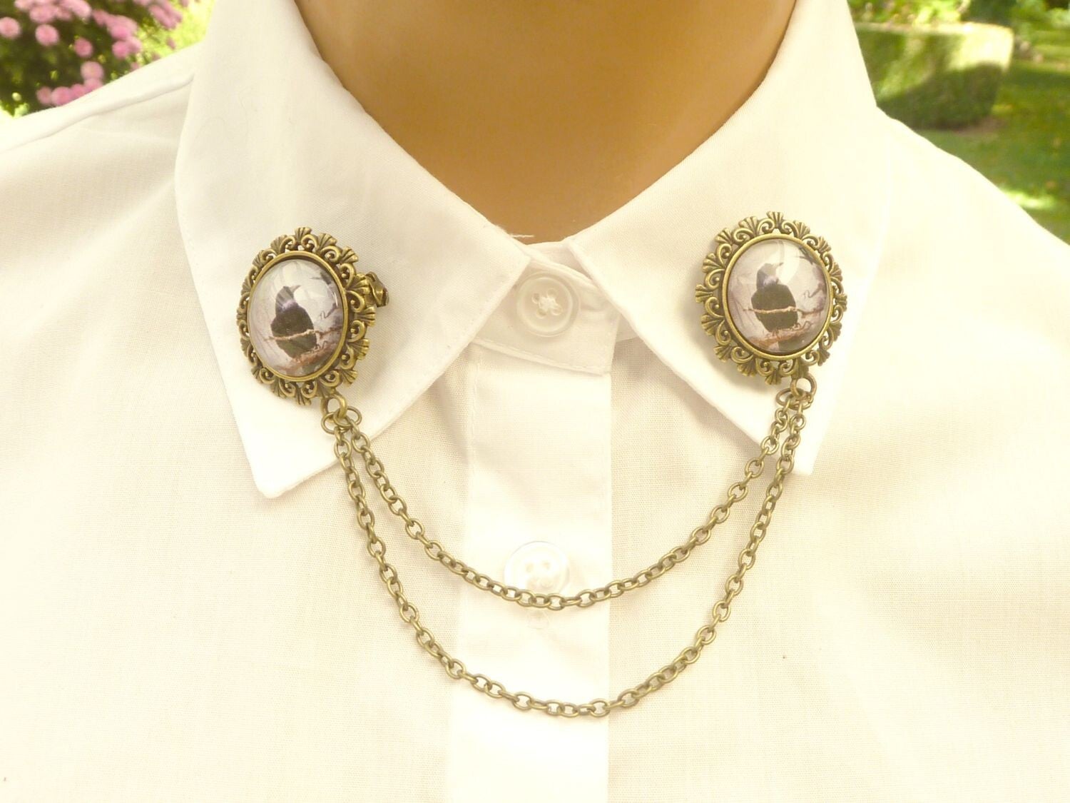 Edler Kragenschmuck Dekolletéschmuck mit Rabe Motiven Gothic Stil zwei Broschen bronzefarben vielseitig verwendbar