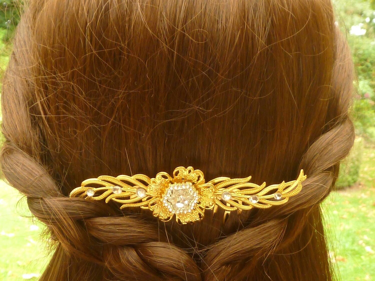 Breiter Haarkamm mit Glasjuwel in kristallklar goldfarben Blattranken Braut Hochzeit Haarschmuck
