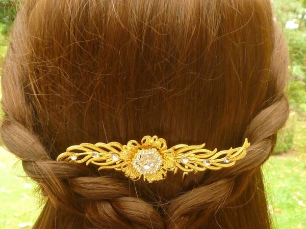 Breiter Haarkamm mit Glasjuwel in kristallklar goldfarben Blattranken Braut Hochzeit Haarschmuck