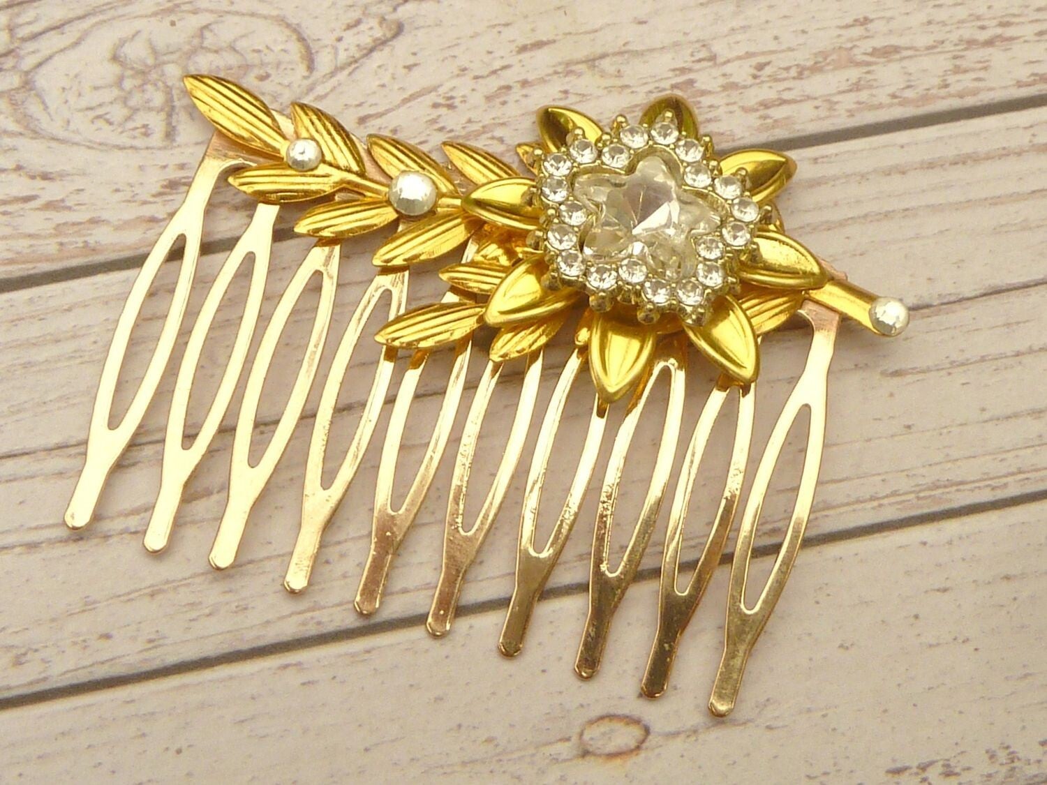 Eleganter Haarkamm mit Glasjuwel in kristallklar goldfarben Blattranken Braut Hochzeit Haarschmuck