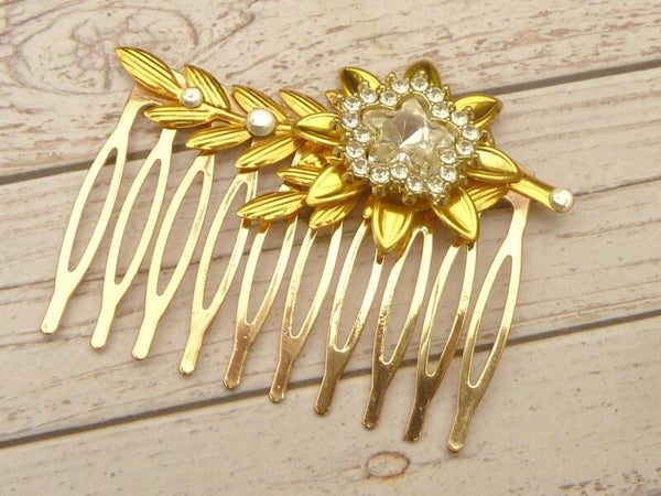Eleganter Haarkamm mit Glasjuwel in kristallklar goldfarben Blattranken Braut Hochzeit Haarschmuck