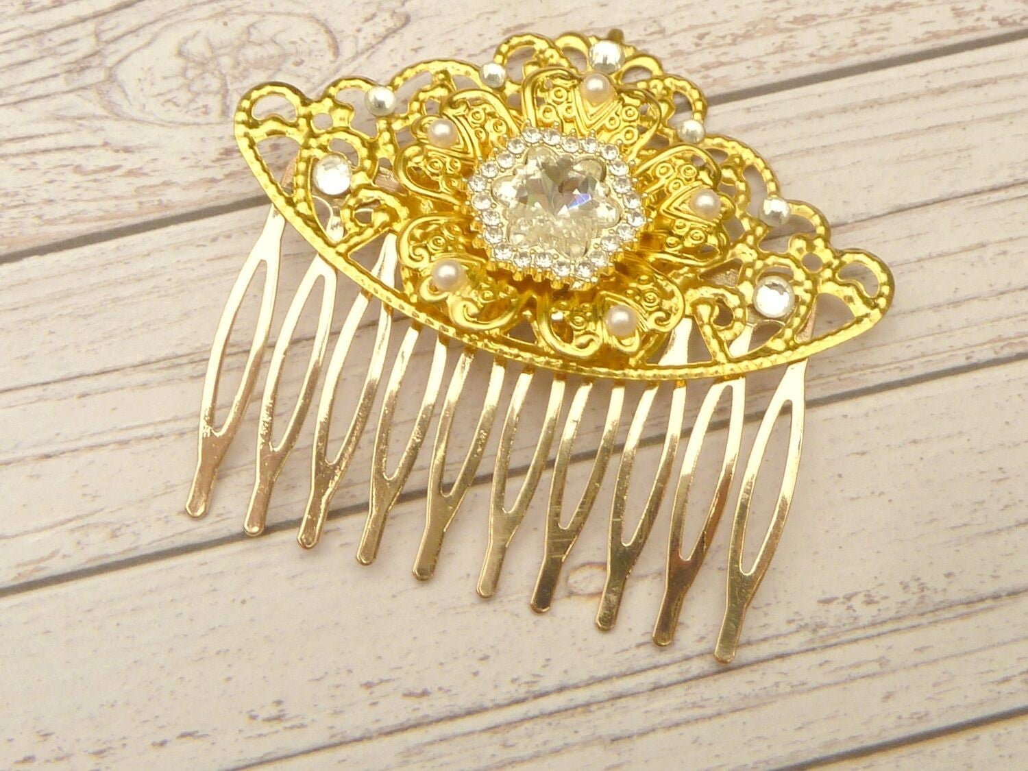 Nostalgischer Haarkamm mit Glasjuwel in kristallklar goldfarben Blüte Braut Hochzeit