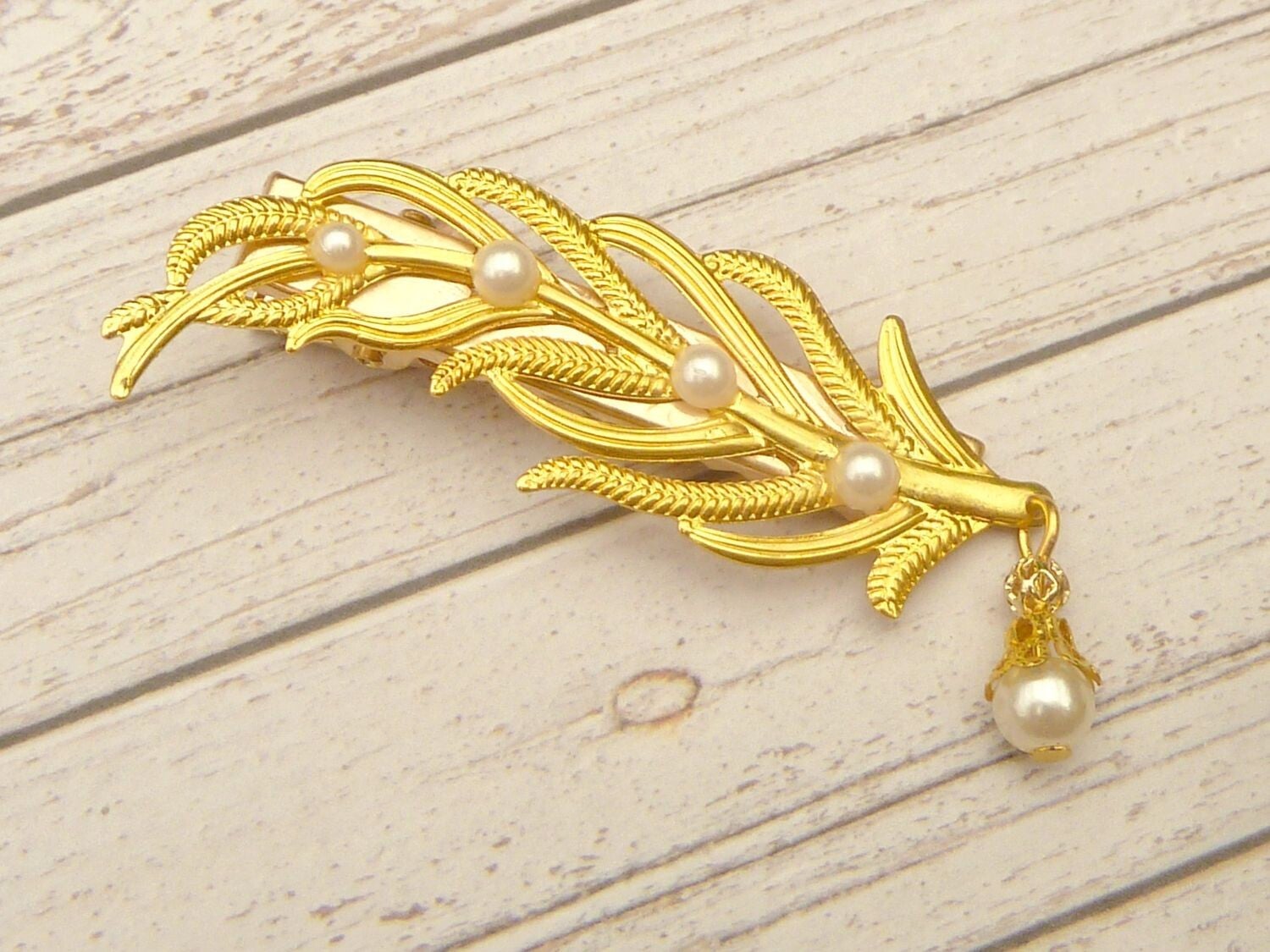 Eleganter Haarclip mit Blattranken vergoldet Perlen Braut Hochzeit Haarschmuck