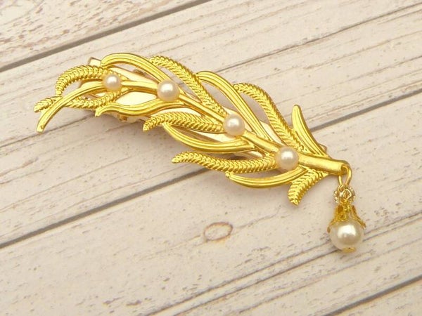 Eleganter Haarclip mit Blattranken vergoldet Perlen Braut Hochzeit Haarschmuck