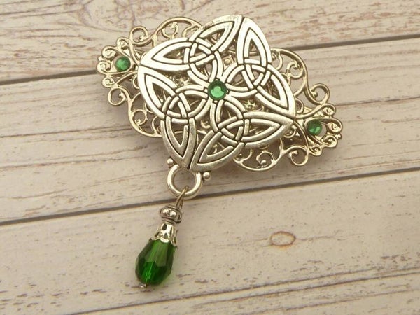 Kleine Haarspange mit keltischen Knoten silberfarben grüne Kristalle Irland Stil