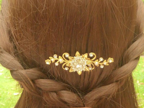 Filigraner Haarkamm mit Glasjuwel in kristallklar goldfarben Blätter Blütenranken Braut Hochzeit