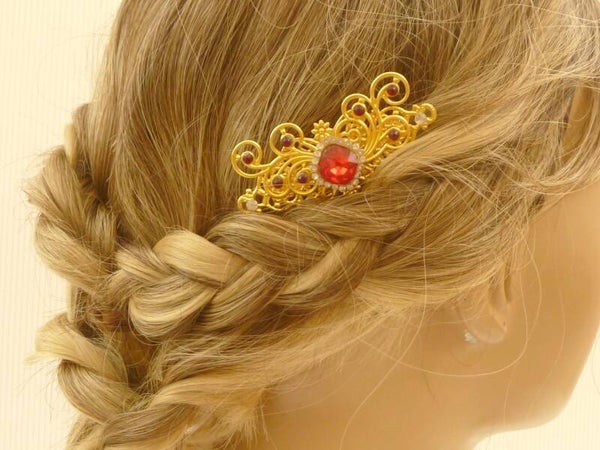 Verschnörkelter Haarkamm vergoldet mit Glasjuwel in rot Steckfrisur Braut Hochzeit
