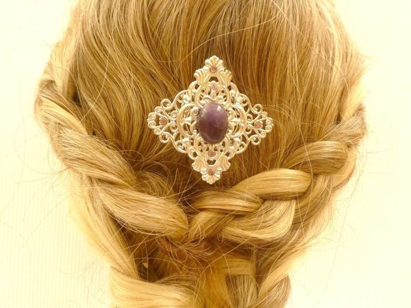 Edelstein Haarclip mit Amethyst Cabochon lila silberfarben festlicher Haarschmuck