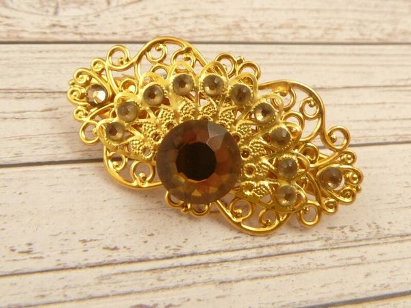Kleine Haarspange mit Glasjuwel in braun und Fächer Ornament goldfarben Braut Hochzeit