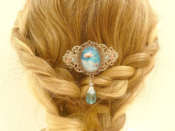 Kleine Haarspange mit Nelken Motiv türkis silberfarben Mädchen Haarschmuck
