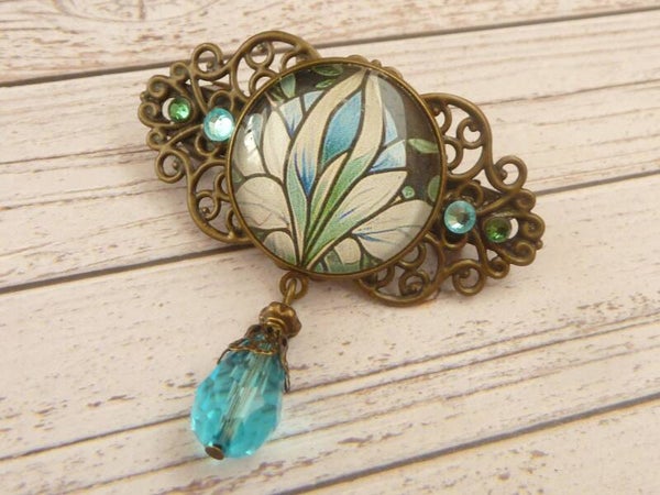 Kleine Haarspange mit Jugendstil  Blüte türkis bronzefarben