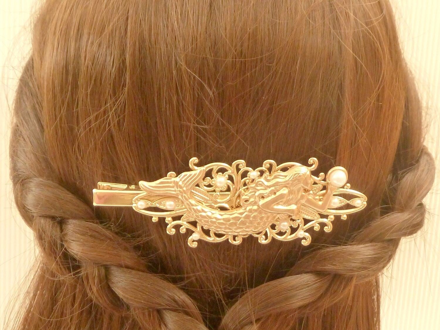 Großer Haarclip mit Meerjungfrau roségold mit Perlen maritimer Haarschmuck