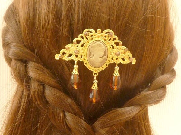 Nostalgische Haarspange mit Kamee und Glasperlen braun goldfarben Unikat