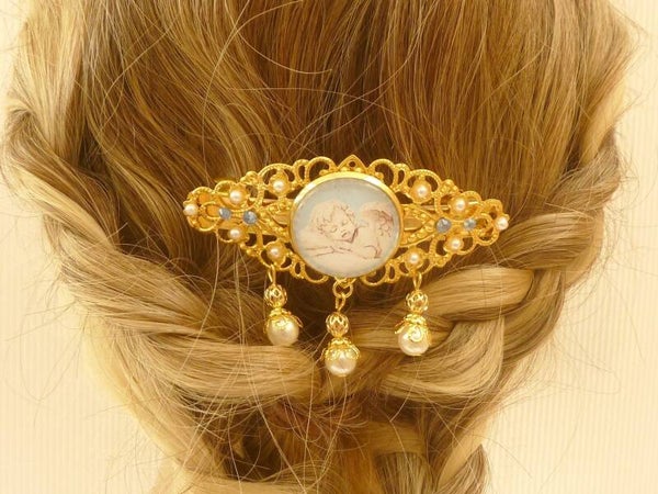 Haarspange mit Engel Motiv hellblau goldfarben weihnachtlicher Haarschmuck