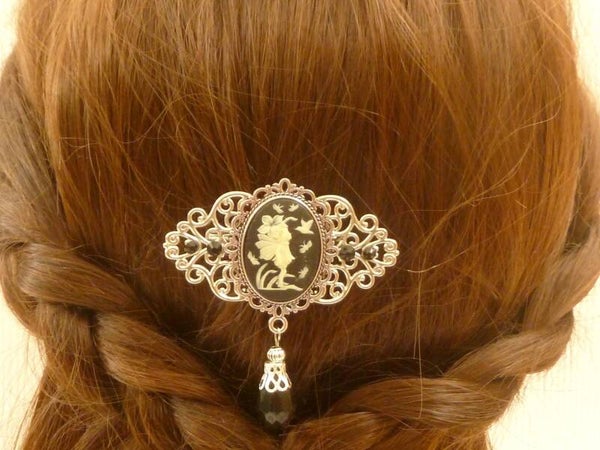 Haarclip mit Elfen Kamee schwarz silberfarben