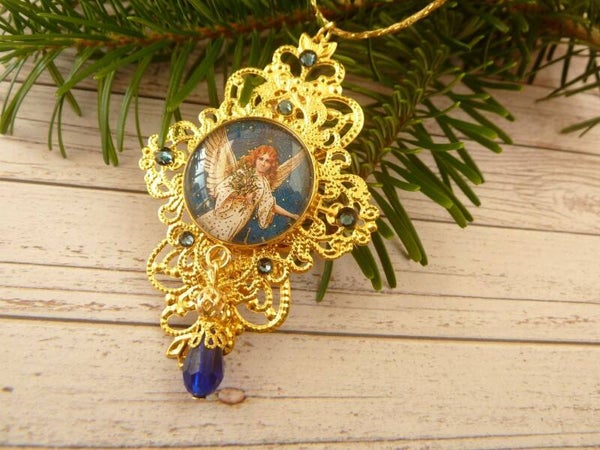 Nostalgischer Deko-Anhänger mit Engel Rautenform goldfarben